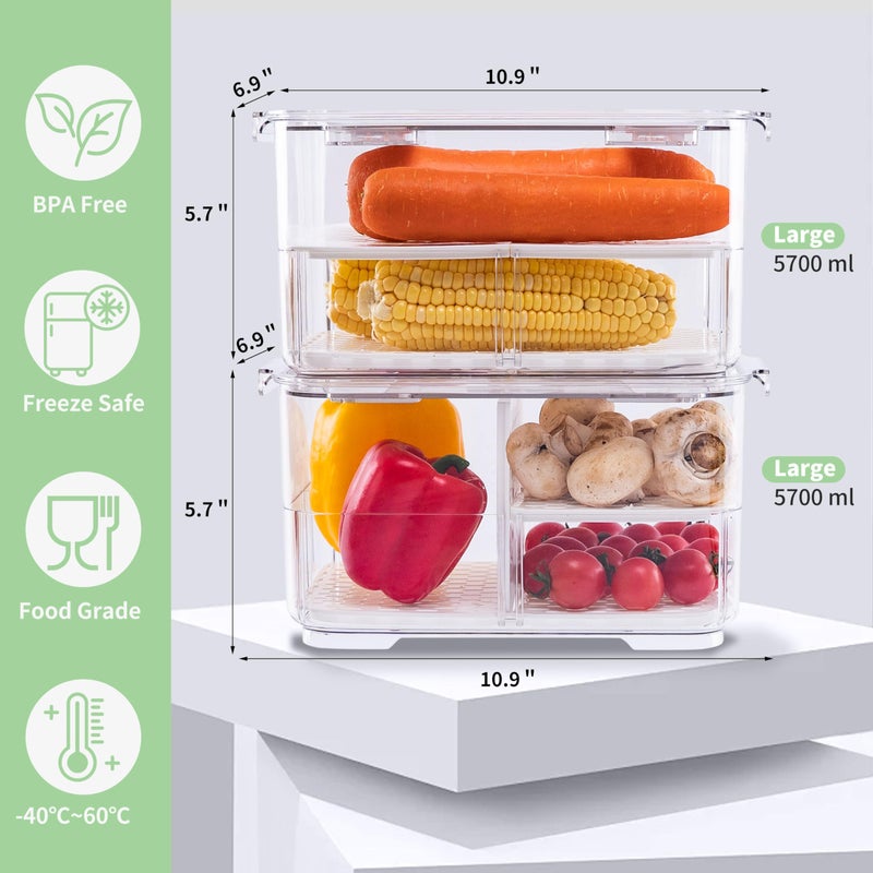 elabo Fruit Storage Containers Fridge Produce Saver -Stackable Refrigerator Organizer Storage and Colander Container with Lids and Removable Drain Tray for Veggie, Berry and Fruits, 2 Large - Image 5